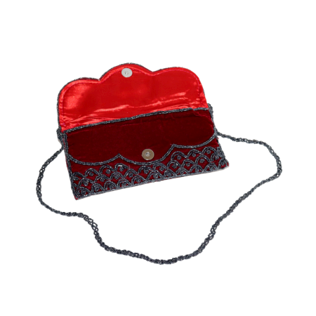 Handmade Velvet Beaded Clutch Bag with Chain Strap in Red Floral Design